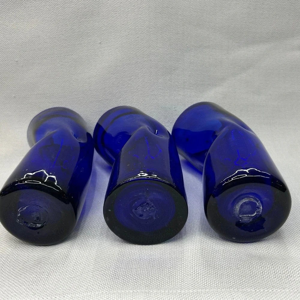 Hand Blown Cobalt Blue Art Glass Tumblers Set 3‎ Twisted Mexican Drunken Glasses